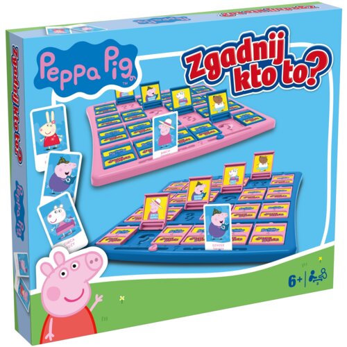 Opakowanie gry towarzyskiej "Zgadnij kto to?" z motywem Świnki Peppy, przedstawia dwa plansze z kartami postaci z bajki. Na opakowaniu widnieje logo "Peppa Pig" oraz napis "Zgadnij kto to?", a w dolnym rogu znajduje się oznaczenie wiekowe "6+" z ikoną dwó
