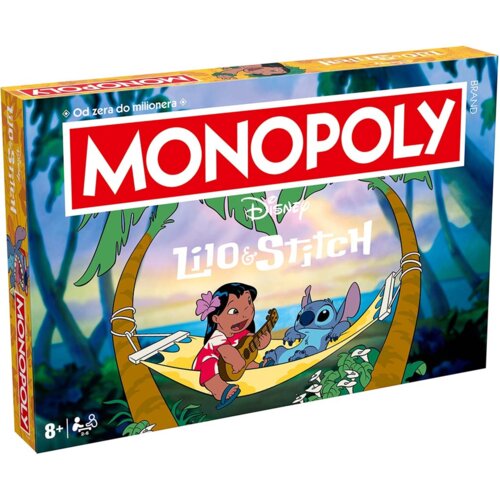 Pudełko gry planszowej z napisem "MONOPOLY" w czerwonym prostokącie oraz "Disney Lilo & Stitch" poniżej, przedstawia postacie Lilo i Stitcha na hamaku w tropikalnym otoczeniu. W lewym górnym rogu widnieje napis "Od zera do milionera", a w dolnym lewym rog