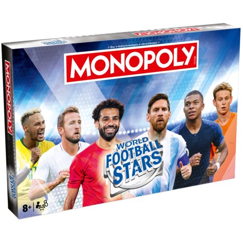 Pudełko gry planszowej z napisem "MONOPOLY" na czerwonym tle oraz "WORLD FOOTBALL STARS" na tle piłki, z ilustracjami sześciu piłkarzy. W lewym dolnym rogu widnieje oznaczenie wiekowe "8+" oraz ikona dwóch graczy.