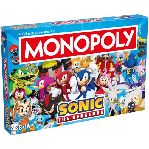 Pudełko gry planszowej z napisem "MONOPOLY" na czerwonym tle oraz "SONIC THE HEDGEHOG" na niebieskim tle, otoczone kolorowymi postaciami z serii Sonic. W lewym górnym rogu widnieje napis "Od zera do milionera", a w dolnym lewym rogu oznaczenie wiekowe "8+