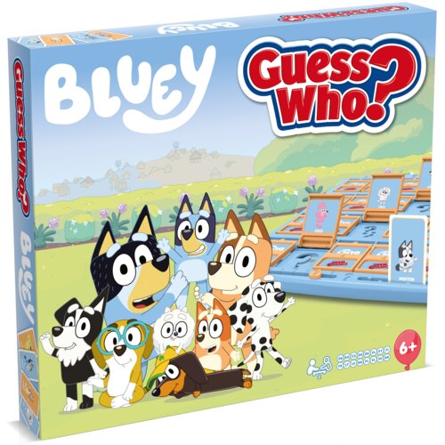 Na zdjęciu znajduje się pudełko gry towarzyskiej z postaciami z kreskówki oraz planszą z kartami. Widoczne napisy to "BLUEY" i "Guess Who?", a w prawym dolnym rogu znajduje się oznaczenie wiekowe "6+".
