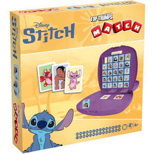 Żółte pudełko z grą logiczną "Disney Stitch Match" z ilustracją postaci z filmu, otwartą planszą z kolorowymi kartami oraz logo "Top Trumps Match". Na opakowaniu widnieje napis "2" oraz "4+" oznaczający liczbę graczy i minimalny wiek.