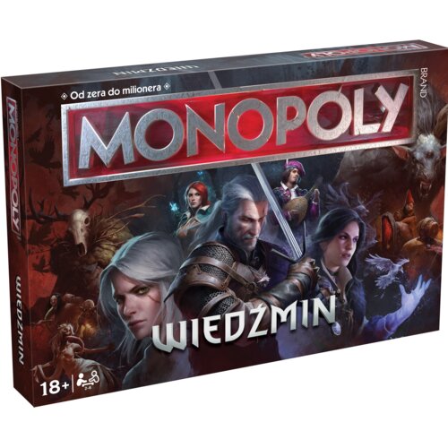 Pudełko gry planszowej z napisem "MONOPOLY WIEDŹMIN" oraz hasłem "Od zera do milionera". Widoczne są postacie z uniwersum Wiedźmina, a w dolnym rogu znajduje się oznaczenie wiekowe "18+" oraz liczba graczy "2-6".