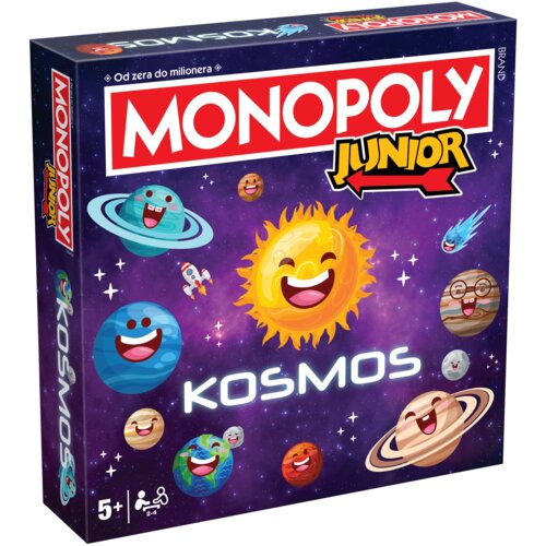 Pudełko gry planszowej "Monopoly Junior Kosmos" z kolorową grafiką przedstawiającą uśmiechnięte planety i słońce na tle gwiazd. Na opakowaniu widnieje napis "Od zera do milionera" oraz oznaczenie wiekowe "5+" i liczba graczy "2-4".