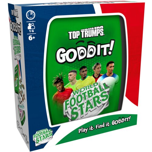 Pudełko gry logicznej z napisem "TOP TRUMPS GODDIT! WORLD FOOTBALL STARS" na zielonym tle, z ilustracjami pięciu piłkarzy. Na boku widoczne są ikony wskazujące na czas gry 10 minut, liczbę graczy 1-6 oraz wiek 6+, a także napis "Play it. Find it. GODDIT!"