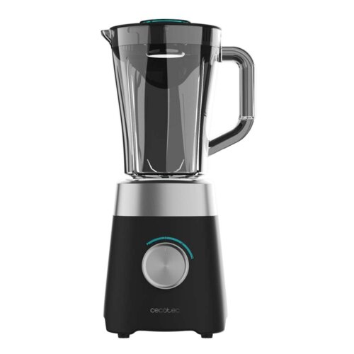Na zdjęciu znajduje się czarny blender kielichowy z przezroczystym pojemnikiem i srebrnym pokrętłem na podstawie. Na podstawie widoczne jest logo "cecotec".