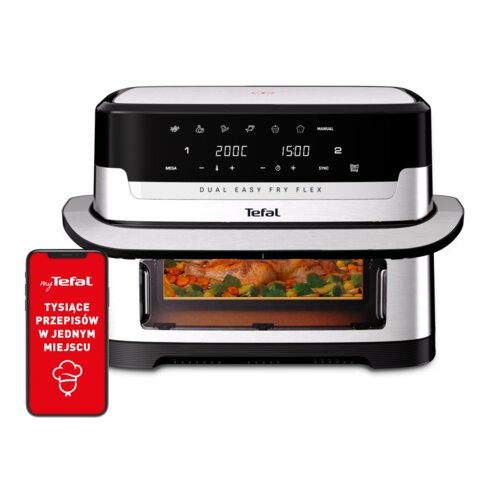 Na zdjęciu widoczna jest frytkownica beztłuszczowa z wyświetlaczem pokazującym temperaturę 200°C i czas 15:00, z logo "Tefal" oraz napisami "DUAL EASY FRY FLEX" i "myTefal TYSIĄCE PRZEPISÓW W JEDNYM MIEJSCU" na ekranie telefonu. W dolnej części urządzenia
