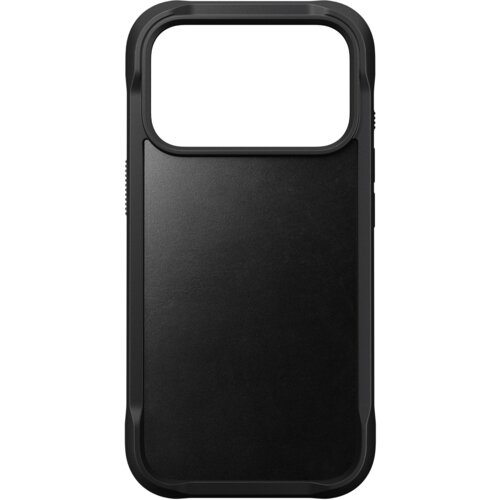 Czarne etui na telefon wykonane z gładkiej skóry, z dużym otworem na aparat w górnej części. Produkt ma solidną, ochronną ramkę wokół krawędzi.