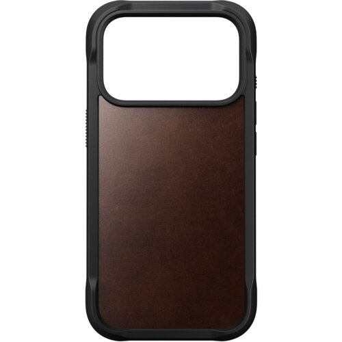Brązowe etui z gładkiej skóry z czarną ramką, przeznaczone do telefonu, z dużym otworem na aparat w górnej części. Produkt ma minimalistyczny design bez widocznych napisów ani logo.