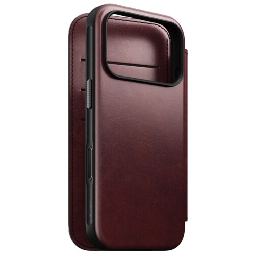 Bordowe etui skórzane z klapką, przeznaczone do telefonu, z widocznymi przeszyciami i miejscem na aparat. Na boku etui znajduje się przycisk oraz napis "NOMAD".