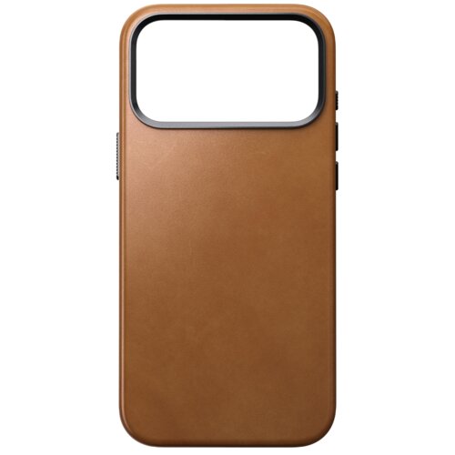 Jasnobrązowe etui wykonane z gładkiej skóry, z dużym otworem na aparat w górnej części, posiada przyciski po bokach. Produkt jest przeznaczony do telefonu Apple iPhone 17 Pro Max i jest kompatybilny z MagSafe.