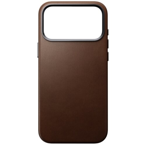 Brązowe etui wykonane z gładkiej skóry, przeznaczone do telefonu Apple iPhone 17 Pro Max, z dużym otworem na aparat i przyciskami po bokach. Produkt jest kompatybilny z technologią MagSafe.
