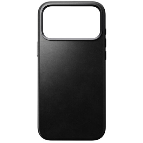 Czarne etui wykonane z gładkiej skóry, z dużym wycięciem na aparat w górnej części. Produkt ma smukły design i jest przeznaczony do telefonu.