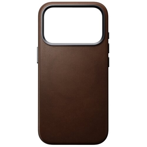 Brązowe etui wykonane z gładkiej skóry, z dużym otworem na aparat w górnej części. Po bokach widoczne są przyciski, a całość ma elegancki, minimalistyczny design.