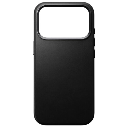 Czarne etui wykonane z gładkiej skóry, z dużym otworem na aparat w górnej części. Produkt jest przeznaczony do telefonu Apple iPhone 17 Pro i obsługuje technologię MagSafe.