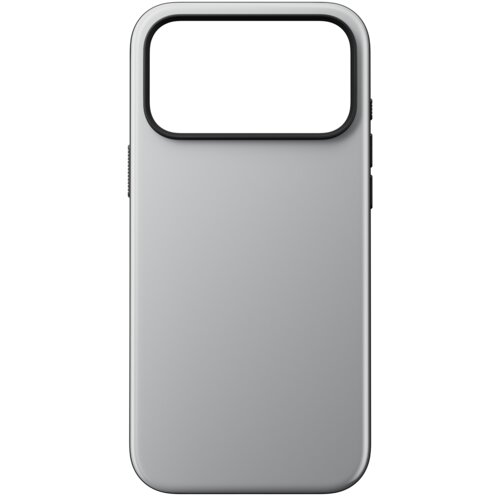 Szare etui na telefon z dużym otworem na aparat, wykonane z gładkiego materiału. Produkt jest prostokątny z zaokrąglonymi rogami i posiada wycięcia na przyciski boczne.