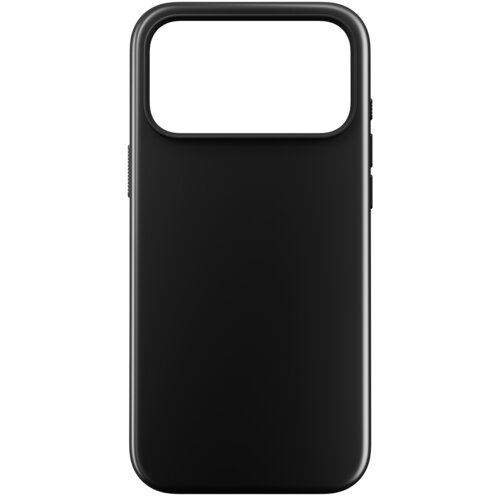 Czarne etui na telefon z dużym otworem na aparat, wykonane z gładkiego materiału. Produkt ma minimalistyczny design i jest przeznaczony do konkretnego modelu telefonu.