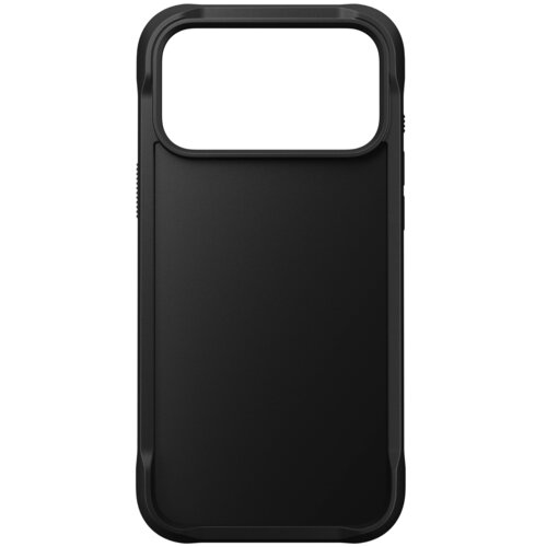 Czarne etui na telefon z wycięciem na aparat, o gładkiej powierzchni i zaokrąglonych krawędziach. Produkt jest przeznaczony do modelu Apple iPhone 17 Pro Max i obsługuje technologię MagSafe.