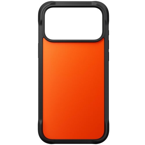 Pomarańczowe etui na telefon z czarną ramką, przeznaczone do modelu Apple iPhone 17 Pro Max. Produkt ma prostokątny kształt z zaokrąglonymi narożnikami i dużym otworem na aparat.
