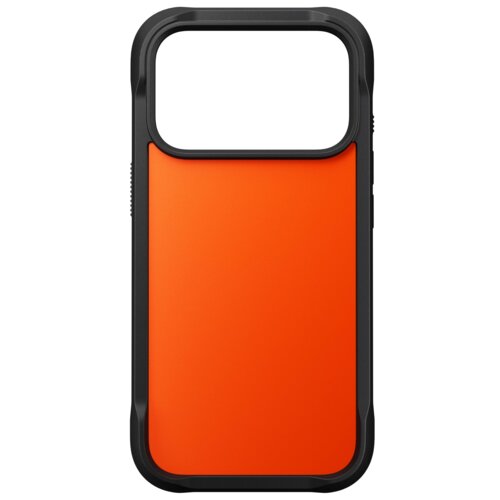 Pomarańczowe etui do telefonu z czarną ramką, przeznaczone dla modelu Apple iPhone 17 Pro, z dużym otworem na aparat. Produkt ma gładką powierzchnię i solidną konstrukcję.