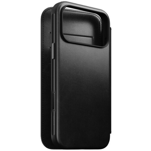Czarne skórzane etui na telefon z dużym otworem na aparat, widoczne z boku i z tyłu. Etui ma gładką powierzchnię i precyzyjnie wycięte otwory na przyciski.