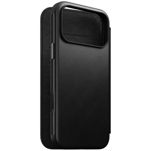 Czarne skórzane etui na telefon z dużym otworem na aparat, widoczne z boku i z tyłu. Etui ma gładką powierzchnię i wycięcia na przyciski boczne.