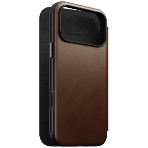 Brązowe etui skórzane z klapką, przeznaczone do telefonu Apple iPhone 17 Pro Max, z widocznymi wycięciami na aparat i przyciski boczne. Wnętrze etui jest wyściełane ciemnym materiałem.