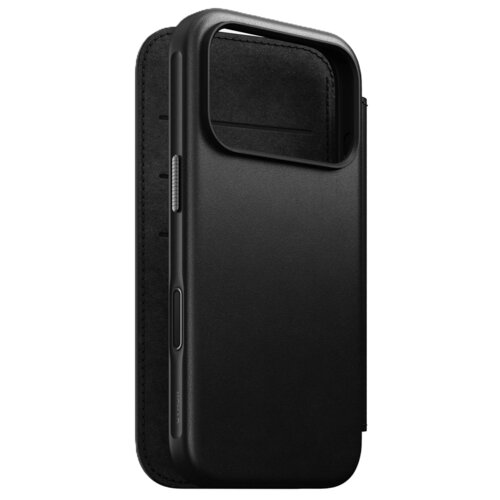 Czarne etui skórzane typu folio do telefonu, z widocznymi wycięciami na przyciski i aparat. Wnętrze etui ma kieszonki na karty.