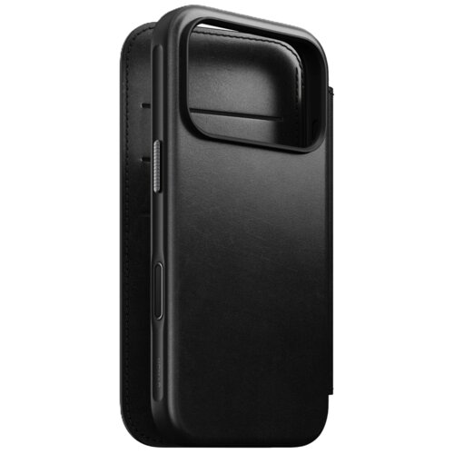 Czarne skórzane etui na telefon z wycięciem na aparat i przyciski boczne, wykonane z gładkiego materiału. Widoczne są przeszycia na krawędziach oraz kieszonka na karty wewnątrz etui.