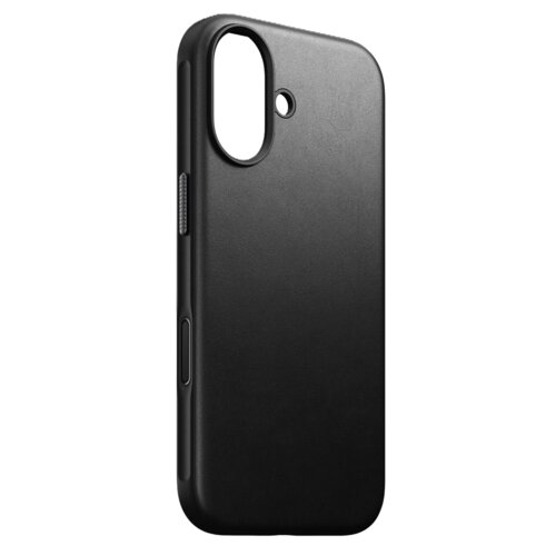 Czarne skórzane etui na telefon z wycięciem na aparat i przyciski boczne. Produkt ma gładką powierzchnię i minimalistyczny design.