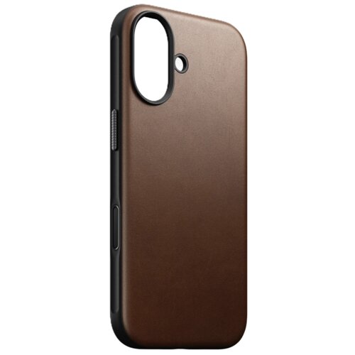 Brązowe etui wykonane z gładkiej skóry, przeznaczone do telefonu Apple iPhone 17, z wycięciami na aparat i przyciski. Produkt ma minimalistyczny design i jednolitą kolorystykę.