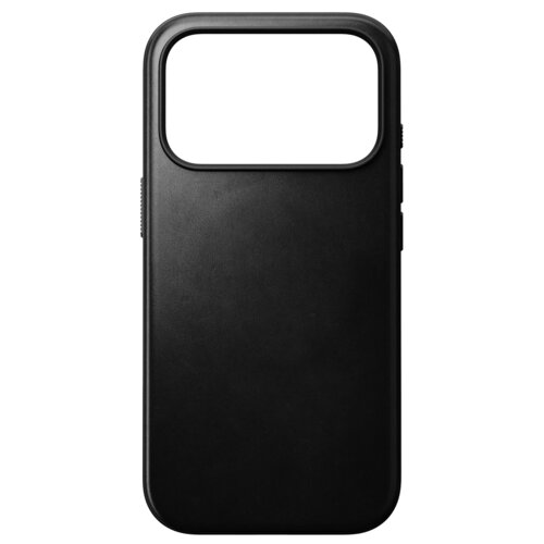 Czarne etui wykonane z gładkiej skóry, z dużym otworem na aparat w górnej części. Produkt ma minimalistyczny design i jest przeznaczony do telefonu.