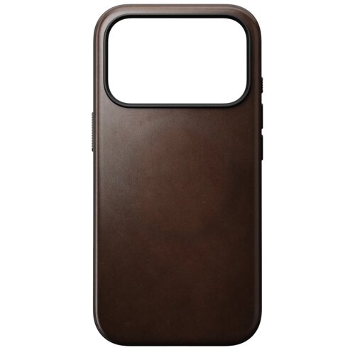 Brązowe etui wykonane z gładkiej skóry, z dużym otworem na aparat w górnej części. Produkt jest przeznaczony do telefonu iPhone i posiada kompatybilność z MagSafe.