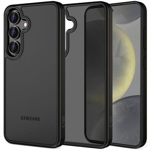 Czarne, matowe etui TECH-PROTECT MagMat do Samsung Galaxy S25 FE, ukazane z przodu i z tyłu, z widocznymi wycięciami na aparat i przyciski. Na etui znajduje się napis "SAMSUNG" oraz logo "TECH-PROTECT".