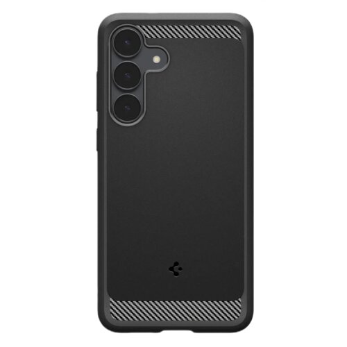 Czarne matowe etui na telefon z trzema wycięciami na aparaty i wzorem w kratkę na górze i dole. Na środku znajduje się małe logo producenta.