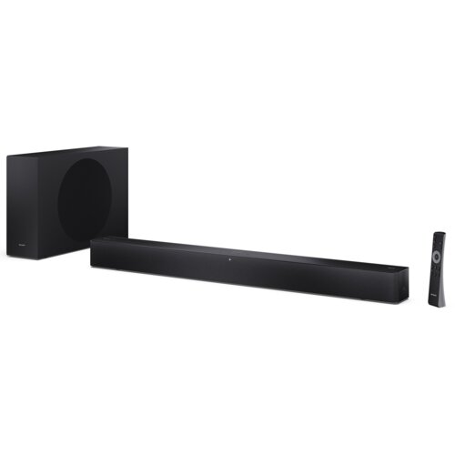 Na zdjęciu znajduje się czarny soundbar z bezprzewodowym subwooferem oraz pilotem. Produkt jest opisany jako "Soundbar SHARP HT-SBW312 Czarny 2.1-kanałowy, Bezprzewodowy Subwoofer, HDMI eARC, Dolby Atmos, Bluetooth, Korektor EQ".