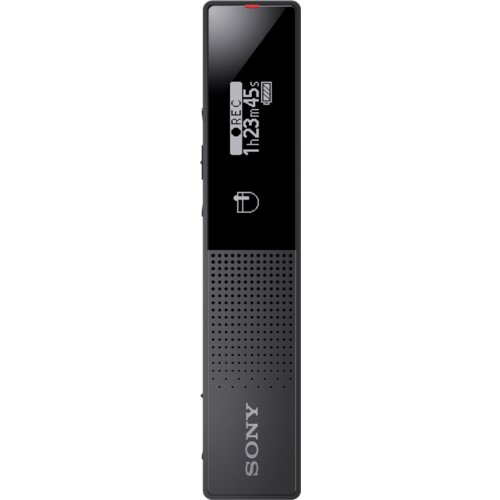 Czarny dyktafon z wyświetlaczem pokazującym czas nagrania "1h23m45s", ikonę nagrywania "REC" oraz wskaźnik baterii. Na obudowie widoczne jest logo "SONY".
