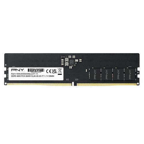 Czarny moduł pamięci RAM z widocznym białym oznaczeniem zawierającym tekst: "PNY, Part # M4UXXXXXXXXJJJ77-11, DDR5 4800 PC5-38400 CL40-40-40-77 1.1V DIMM" oraz symbole CE i UKCA. Na module znajdują się również cztery układy scalone z logo PNY.