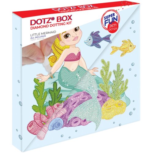 Opakowanie zestawu kreatywnego "DIAMOND DOTZ Dotz Box Little Mermaid DBX.016" przedstawia ilustrację syrenki otoczonej kolorowymi rybami i roślinami morskimi. Na opakowaniu widnieje tekst: "DOTZ® BOX DIAMOND DOTTING KIT", "LITTLE MERMAID", "ALL INCLUSIVE"