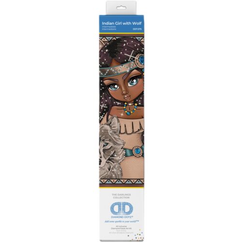 Opakowanie zestawu kreatywnego DIAMOND DOTZ przedstawia ilustrację dziewczyny z wilkiem, ozdobioną kolorowymi koralikami. Na górze widnieje napis "Indian Girl with Wolf", a poniżej logo "DIAMOND DOTZ" oraz hasło "Add some sparkle to your world!".