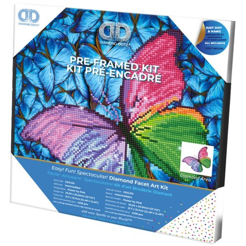 Opakowanie zestawu kreatywnego z motywem motyla, złożonego z kolorowych diamentowych kropek, z widocznym logo "DIAMOND DOTZ" oraz napisami "PRE-FRAMED KIT" i "KIT PRÉ ENCADRÉ". Na dole opakowania znajduje się szczegółowy opis produktu, w tym nazwa "Flutte