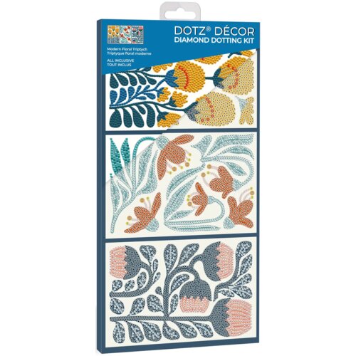 Opakowanie zestawu kreatywnego "DIAMOND DOTZ Dotz Decor Modern Floral Triptych DBX4.006" przedstawia trzy wzory kwiatowe wykonane z kolorowych kropek. Na górze widnieje napis "DOTZ DÉCOR DIAMOND DOTTING KIT" oraz "Modern Floral Triptych", "All Inclusive",