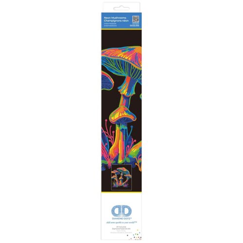 Opakowanie zestawu kreatywnego "DIAMOND DOTZ Adults Flocked Neon Mushrooms 018-DD25005" przedstawia kolorowe, neonowe grzyby na czarnym tle. Na dole widoczne jest logo "DIAMOND DOTZ" oraz napis "add some sparkle to your world".