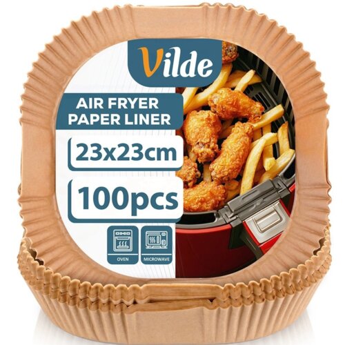 Opakowanie papierowych foremek do frytkownicy powietrznej z widocznym logo "Vilde" oraz napisami: "AIR FRYER PAPER LINER", "23x23cm", "100pcs". Na opakowaniu znajdują się również ikony oznaczające możliwość użycia w piekarniku i kuchence mikrofalowej.