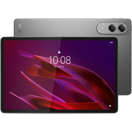 Na zdjęciu widoczny jest szary tablet z wyświetlaczem pokazującym godzinę 10:08 i datę "Fri, Feb 24", a w tle znajduje się jego tylna część z dwoma obiektywami aparatu i logo "YOGA".