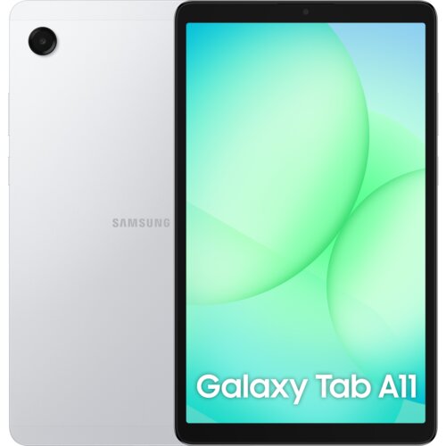 Na zdjęciu widoczny jest srebrny tablet z logo "SAMSUNG" na tylnej obudowie oraz ekranem wyświetlającym zielone okręgi i napis "Galaxy Tab A11". Tablet ma pojedynczy aparat w lewym górnym rogu tylnej obudowy.