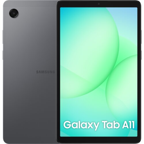 Na zdjęciu widoczny jest tablet w kolorze szarym z wyświetlaczem pokazującym zielone, gradientowe tło oraz napis "Galaxy Tab A11". Na tylnej obudowie tabletu znajduje się logo "SAMSUNG" oraz pojedynczy obiektyw aparatu.