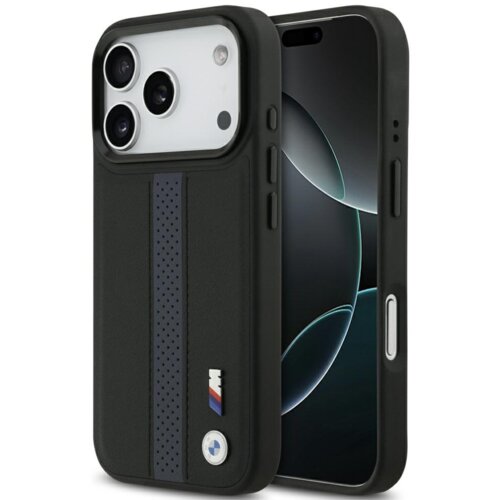Czarne etui na telefon z perforowanym paskiem i logo w kolorach niebieskim, granatowym i czerwonym, obok telefonu z wyświetlaczem. Na etui widoczne jest okrągłe logo z niebieskim akcentem.