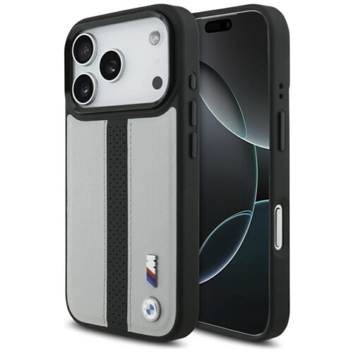Szare etui na telefon z czarnym perforowanym paskiem i logo BMW M w dolnej części. Etui jest dopasowane do telefonu z trzema widocznymi obiektywami aparatu.