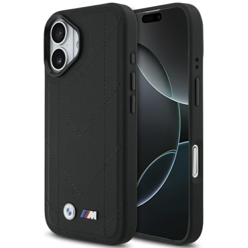 Czarne etui z pikowanym wzorem i logo BMW M, przeznaczone do telefonu Apple iPhone 17, z funkcją MagSafe. Na etui widoczne są przyciski boczne oraz wycięcia na aparat i porty.